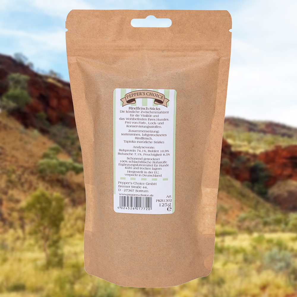 Rindfleisch-Sticks, Hundesnack, Natural, Trockennahrung, Beutel mit Etikett