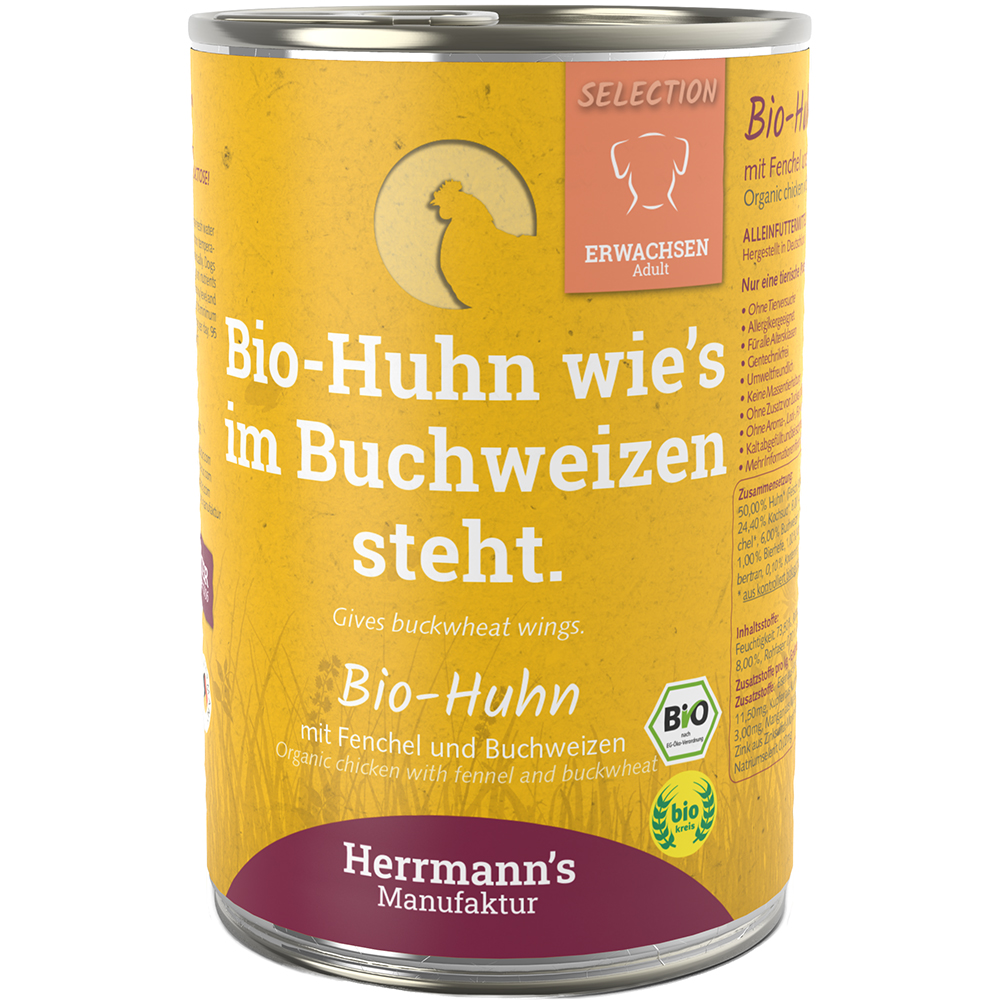 Herrmanns Bio Huhn mit Fenchel, Zucchini und Buchweizen DE-ÖKO-001 - 400 oder 800g Zinn, Kann