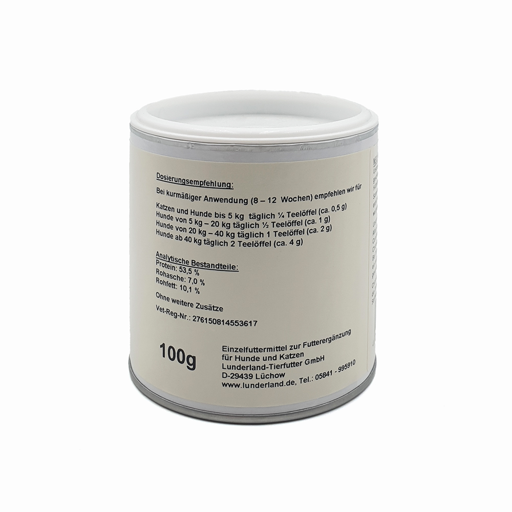 Tierfutter-Ergänzung, Hunde und Katzen, Pulverdose, 100 g, Weiße Dose