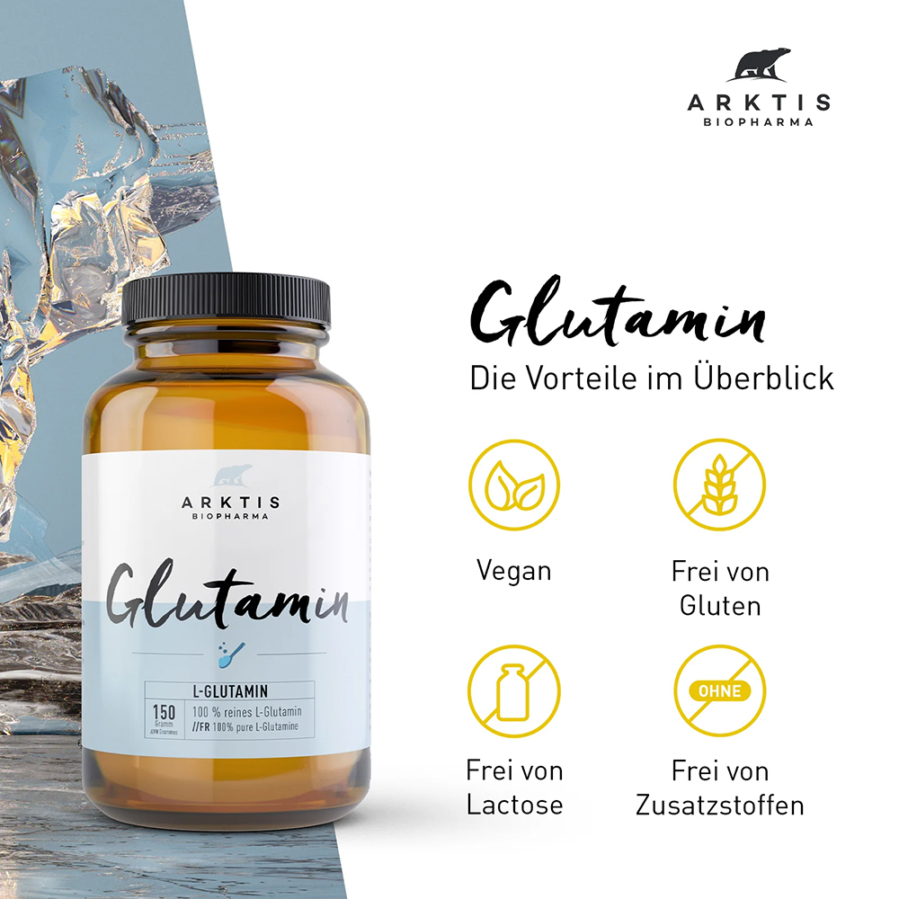 Glutamin, Nahrungsergänzung, Vitaminpräparat, Glasflasche, L-Glutamin